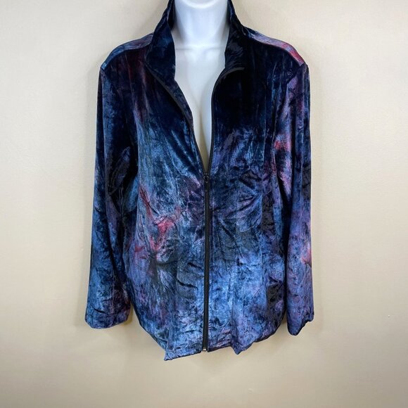 Chico's Velvet Velour Funnel Neck Zip Jacket 2 Sz L Blue Purple Moody Dark Artsy - Picture 1 of 13